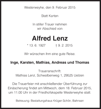 Traueranzeige von Alfred Lenz von Uelzen