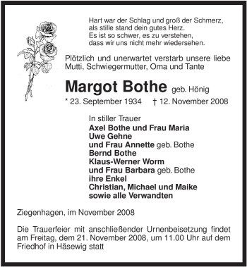 Traueranzeige von Margot Bothe von ALLGEMEINE ZEITUNG UELZEN