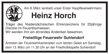 Traueranzeige von Heinz Horch von ALLGEMEINE ZEITUNG UELZEN