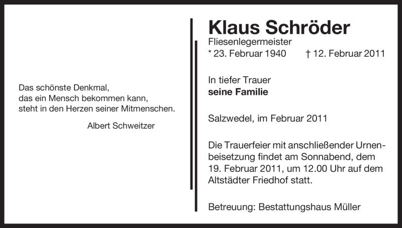  Traueranzeige für Klaus Schröder vom 15.02.2011 aus ALLGEMEINE ZEITUNG UELZEN