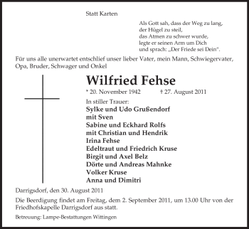 Traueranzeige von Wilfried Fehse von ALLGEMEINE ZEITUNG UELZEN