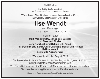 Traueranzeige von Ilse Wendt von ALLGEMEINE ZEITUNG UELZEN