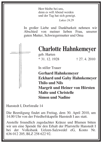 Traueranzeige von Charlotte Hahnkemeyer von ALLGEMEINE ZEITUNG UELZEN