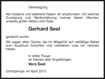 Traueranzeige von Gerhard Seel von Uelzen