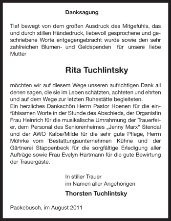 Traueranzeige von Rita Tuchlintsky von ALLGEMEINE ZEITUNG UELZEN