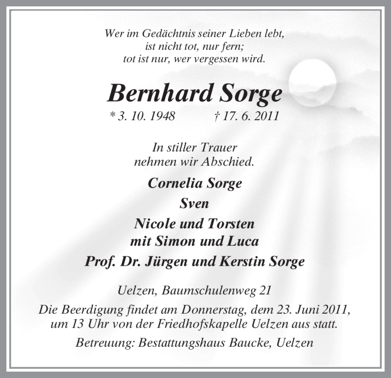  Traueranzeige für Bernhard Sorge vom 21.06.2011 aus ALLGEMEINE ZEITUNG UELZEN