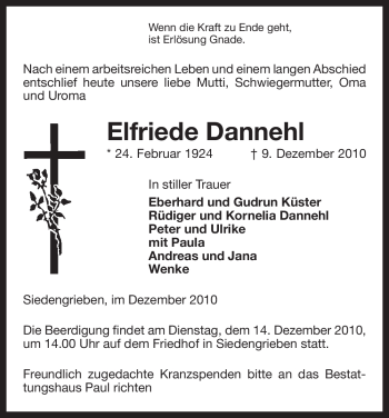 Traueranzeige von Elfriede Dannehl von ALLGEMEINE ZEITUNG UELZEN