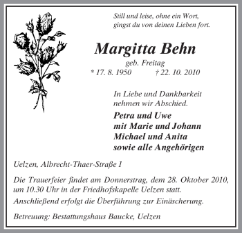 Traueranzeige von Margitta Behn von ALLGEMEINE ZEITUNG UELZEN