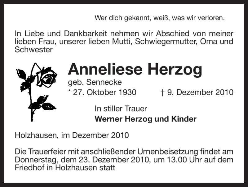 Traueranzeige für Anneliese Herzog vom 18.12.2010 aus ALLGEMEINE ZEITUNG UELZEN