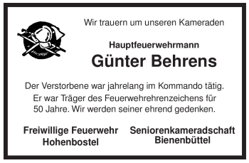 Traueranzeige von Günter Behrens von ALLGEMEINE ZEITUNG UELZEN