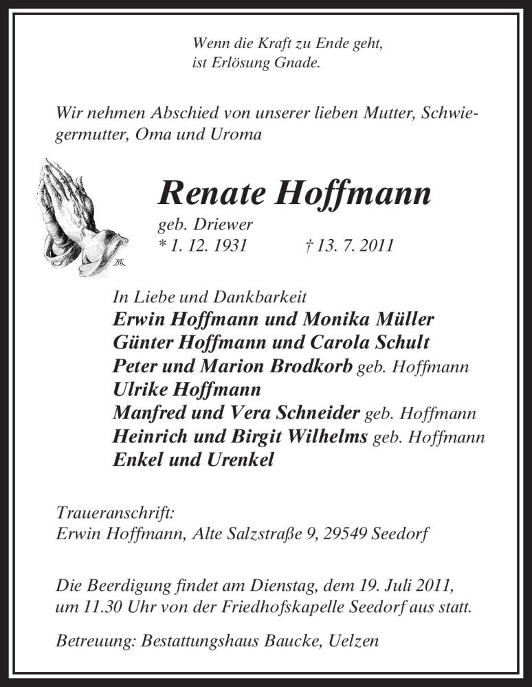  Traueranzeige für Renate Hoffmann vom 15.07.2011 aus ALLGEMEINE ZEITUNG UELZEN