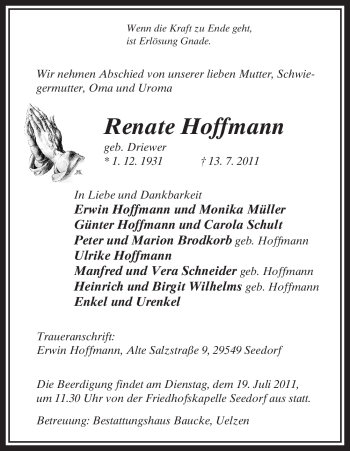 Traueranzeige von Renate Hoffmann von ALLGEMEINE ZEITUNG UELZEN