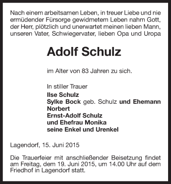 Traueranzeige von Adolf Schulz von Uelzen