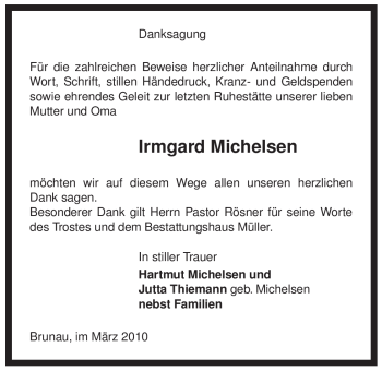 Traueranzeige von Irmgard Michelsen von ALLGEMEINE ZEITUNG UELZEN