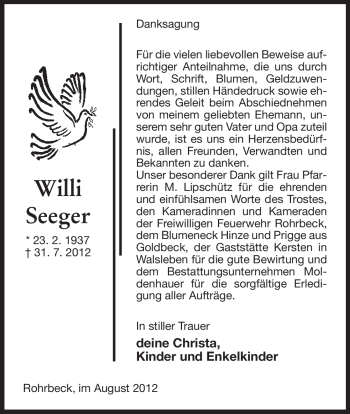 Traueranzeige von Willi Seeger von ALLGEMEINE ZEITUNG UELZEN