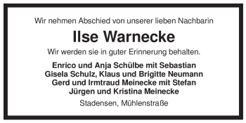 Traueranzeige von Ilse Warnecke von ALLGEMEINE ZEITUNG UELZEN