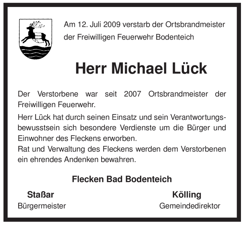  Traueranzeige für Michael Lück vom 16.07.2009 aus ALLGEMEINE ZEITUNG UELZEN