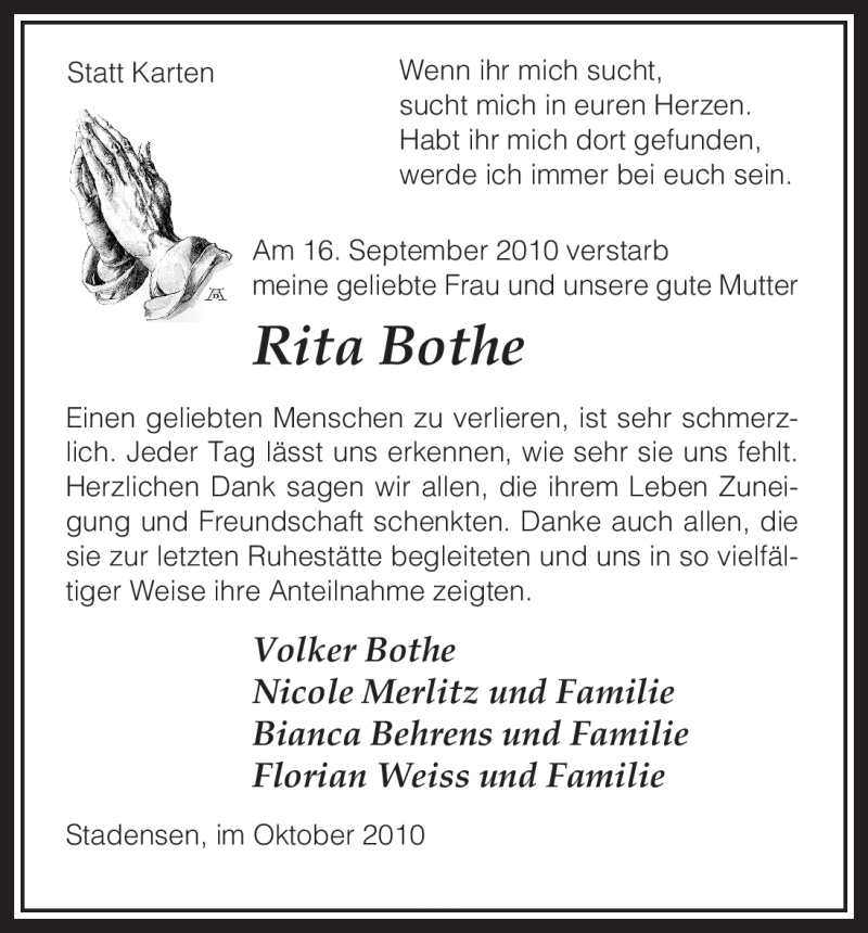  Traueranzeige für Rita Bothe vom 23.10.2010 aus ALLGEMEINE ZEITUNG UELZEN