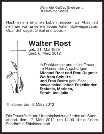 Traueranzeige von Walter Rost von ALLGEMEINE ZEITUNG UELZEN