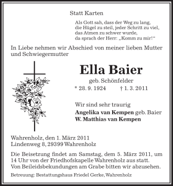 Traueranzeige von Ella Baier von ALLGEMEINE ZEITUNG UELZEN