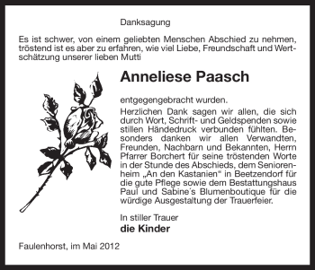 Traueranzeige von Anneliese Paasch von ALLGEMEINE ZEITUNG UELZEN