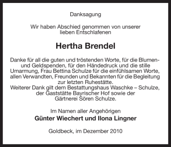 Traueranzeige von Hertha Brendel von ALLGEMEINE ZEITUNG UELZEN