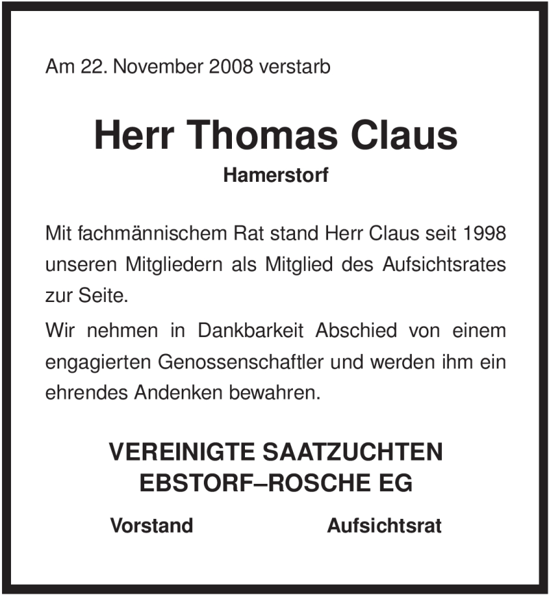  Traueranzeige für Thomas Claus vom 25.11.2008 aus ALLGEMEINE ZEITUNG UELZEN