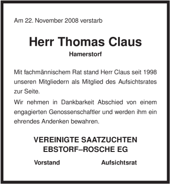 Traueranzeige von Thomas Claus von ALLGEMEINE ZEITUNG UELZEN