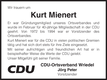 Traueranzeige von Kurt Mienert von ALLGEMEINE ZEITUNG UELZEN