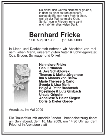 Traueranzeige von Bernhard Fricke von ALLGEMEINE ZEITUNG UELZEN