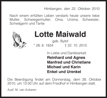 Traueranzeige von Lotte Maiwald von ALLGEMEINE ZEITUNG UELZEN