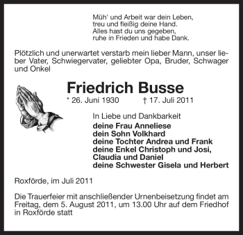 Traueranzeige von Friedrich Busse von ALLGEMEINE ZEITUNG UELZEN