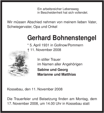 Traueranzeige von Gerhard Bohnenstengel von ALLGEMEINE ZEITUNG UELZEN