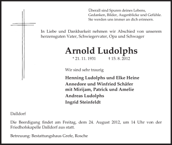 Traueranzeige von Arnold Ludolphs von ALLGEMEINE ZEITUNG UELZEN