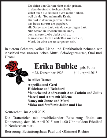 Traueranzeige von Erika Bubke von Uelzen