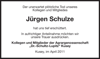 Traueranzeige von Jürgen Schulze von ALLGEMEINE ZEITUNG UELZEN