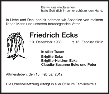 Traueranzeige von Friedrich Ecks von ALLGEMEINE ZEITUNG UELZEN