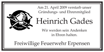 Traueranzeige von Heinrich Gades von ALLGEMEINE ZEITUNG UELZEN