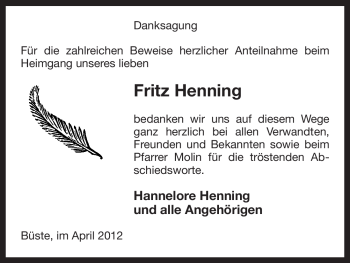 Traueranzeige von Fritz Henning von ALLGEMEINE ZEITUNG UELZEN