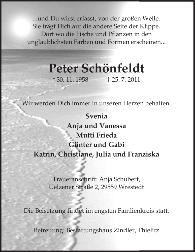  Traueranzeige für Peter Schönfeldt vom 27.07.2011 aus ALLGEMEINE ZEITUNG UELZEN