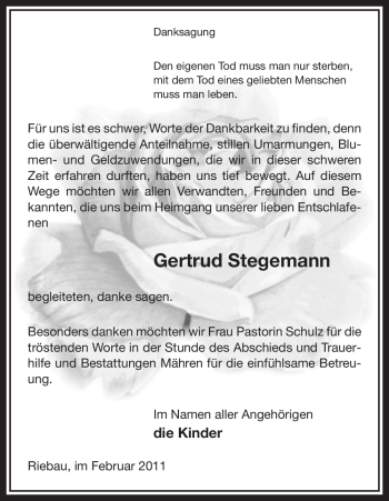 Traueranzeige von Gertrud Stegemann von ALLGEMEINE ZEITUNG UELZEN