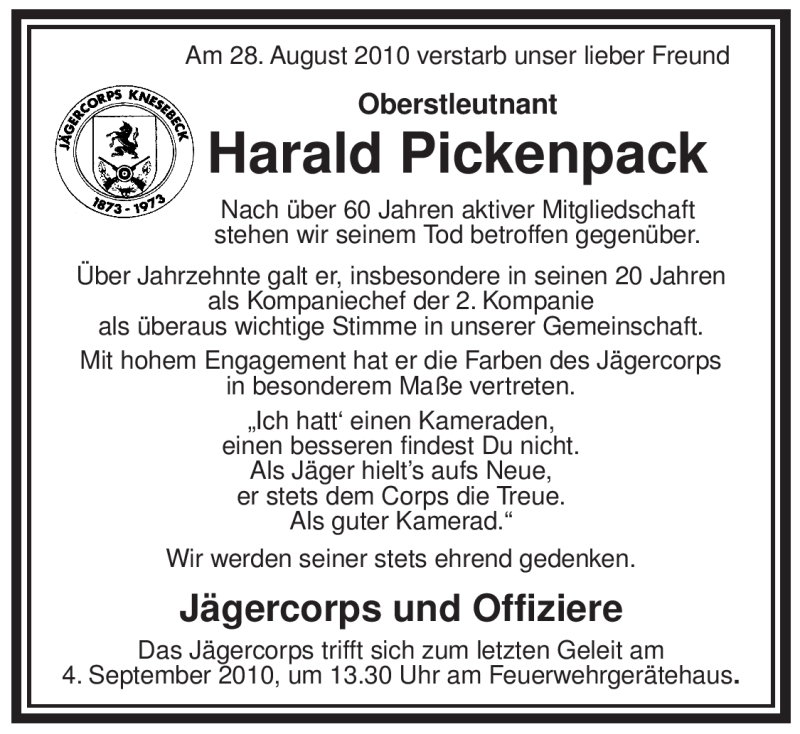  Traueranzeige für Harald Pickenpack vom 31.08.2010 aus ALLGEMEINE ZEITUNG UELZEN