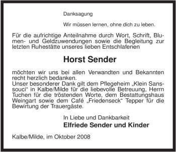 Traueranzeige von Horst Sender von ALLGEMEINE ZEITUNG UELZEN