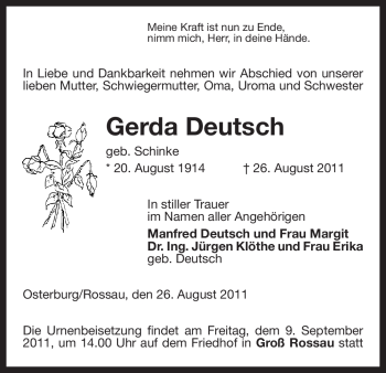 Traueranzeige von Gerda Deutsch von ALLGEMEINE ZEITUNG UELZEN