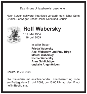 Traueranzeige von Rolf Wabersky von ALLGEMEINE ZEITUNG UELZEN