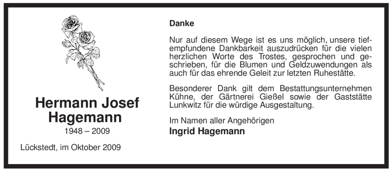  Traueranzeige für Hermann Josef Hagemann vom 30.10.2009 aus ALLGEMEINE ZEITUNG UELZEN