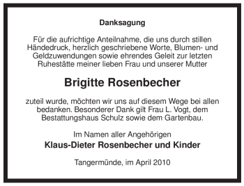 Traueranzeige von Brigitte Rosenbecher von ALLGEMEINE ZEITUNG UELZEN