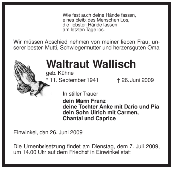 Traueranzeige von Waltraut Wallisch von ALLGEMEINE ZEITUNG UELZEN