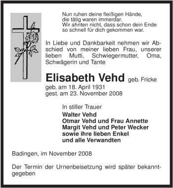 Traueranzeige von Elisabeth Vehd von ALLGEMEINE ZEITUNG UELZEN