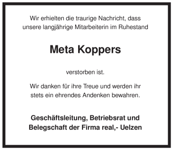 Traueranzeige von Meta Koppers von ALLGEMEINE ZEITUNG UELZEN